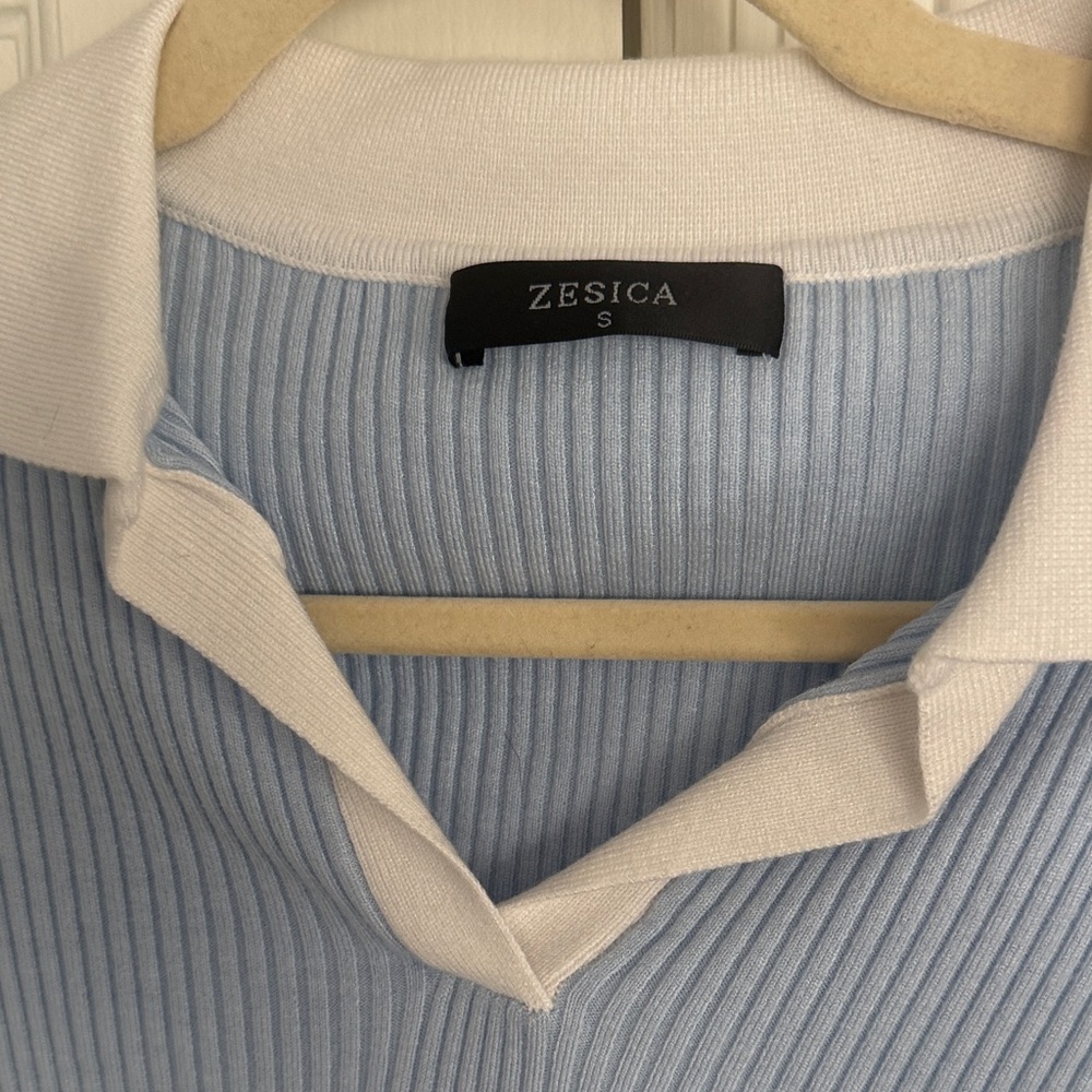 Sky Blue Ribbed Polo Blouse - Picture 2 of 3